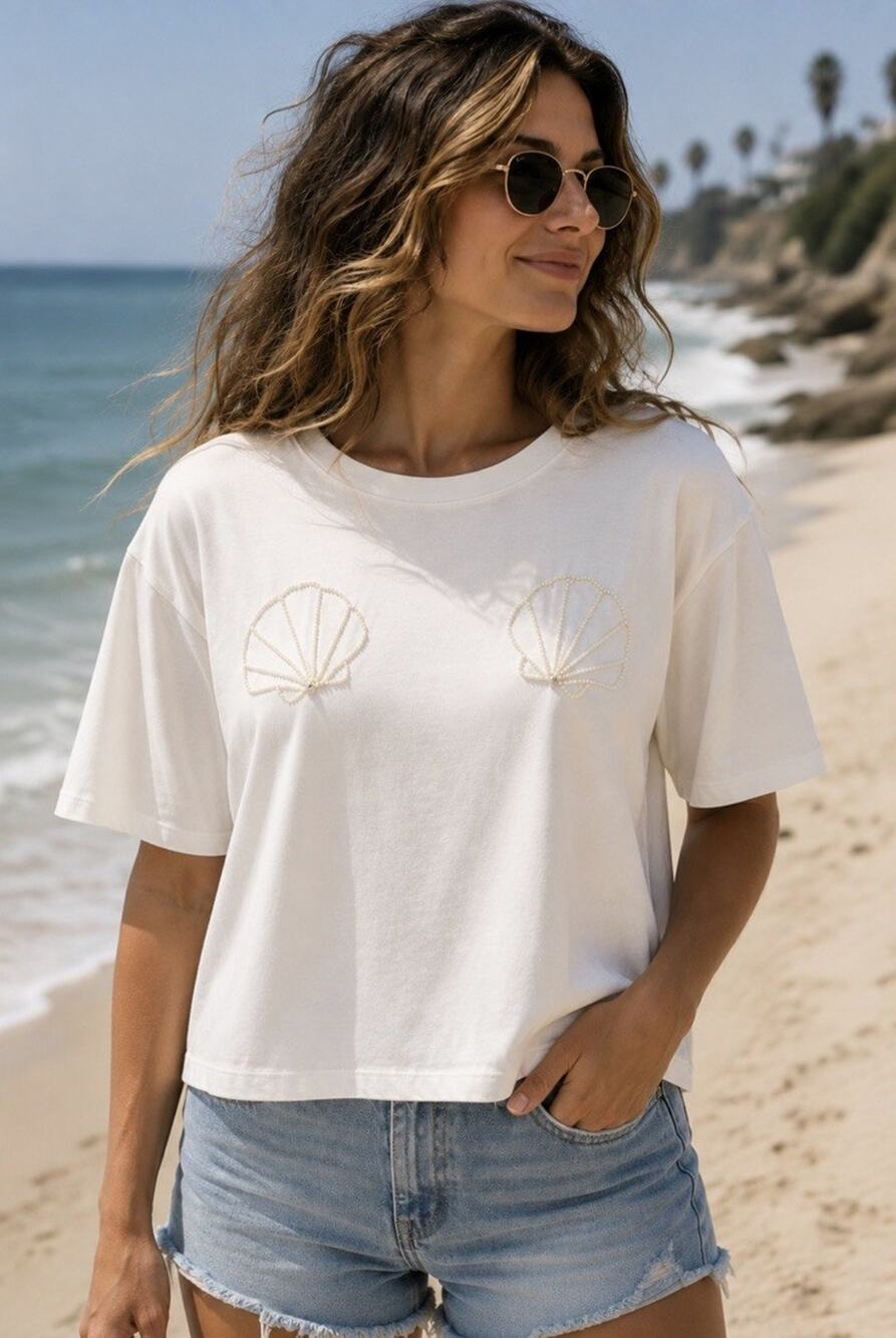 NWT Future Collective Beaded Cream Crop T-Shirt Sz 2X Beach Coastal Nautical